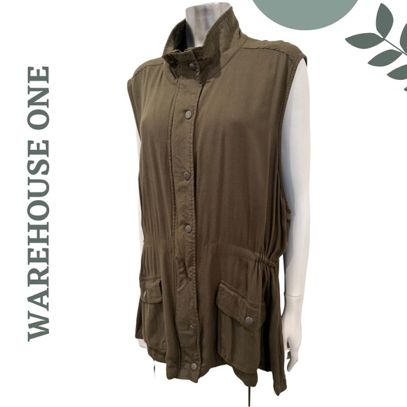 🛍️3/$40 Warehouse One Sleeveless Utility Vest Khaki Green Zip Snap Front  XXXL - Picture 2 of 7